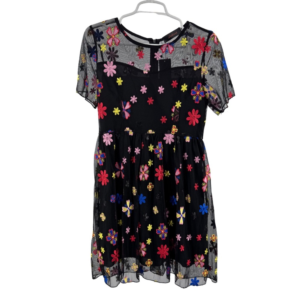 Floral Embroidered Black Mesh overlay knee length Dress sheer M festival flirty